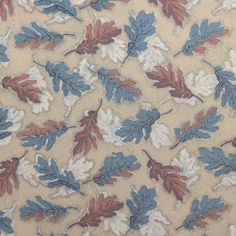 Marcus Bros Textiles - Oatmeal Colored Fabric, Navy Micro Dot / Slate Blue, Rose, Brown, White Tossed Oak Leaf Print