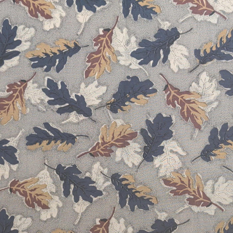 Marcus Bros Textiles - Gray Fabric, Navy Micro Dot / Navy, Tan, Brown, White Tossed Oak Leaf Print