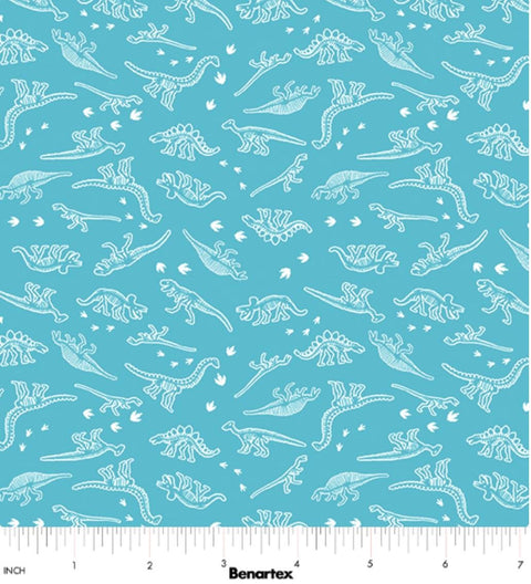 Glow-O-Saurus by Greta Lynn for Kanvas / Benartex - Mini Dino Skeleton Turquoise 12970G-84