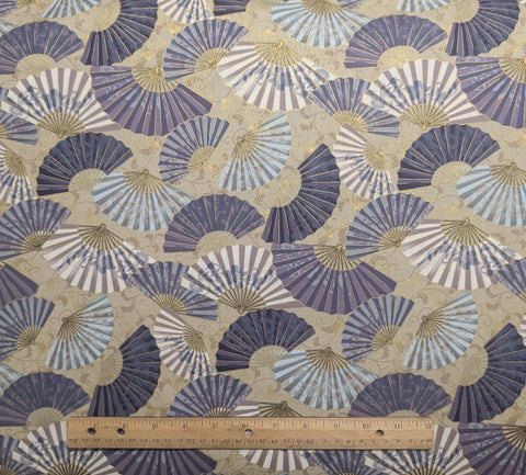 Studio Voltaire for Robert Kaufman Oriental Traditions 13035 - Tan Fabric / Purple, Blue, White Packed Fan Print / Gold Metallic Accents