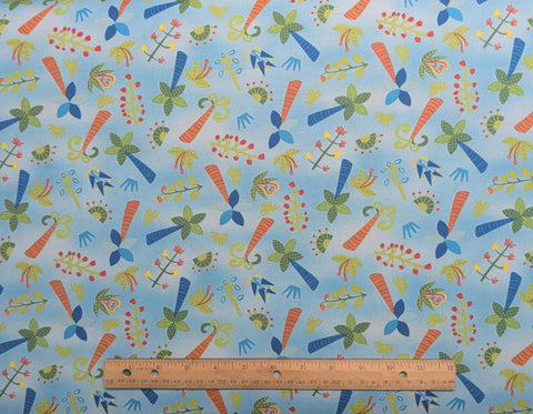 Dandy Dinos Arrolynn Weiderhold Wilmington Prints - Light Blue Fabric / Brightly Colored Tossed Tree, Butterfly Print