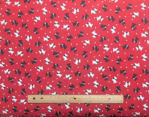 Walk in the Park by Maywood Studio 2015 - Red Fabric / Black, White Tossed Scotty Dog Print