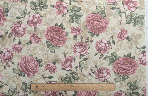 Timeless Treasures Fabrics of SoHo Paris-C3787 - Golden Tan Rose Silhouette Fabric / Pink, Burgundy Wild Rose Print