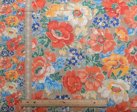 Tan Fabric / Brightly Colored Multi-Size Floral Print / 3 Sections - See Details Below - Selvage to Selvage Print