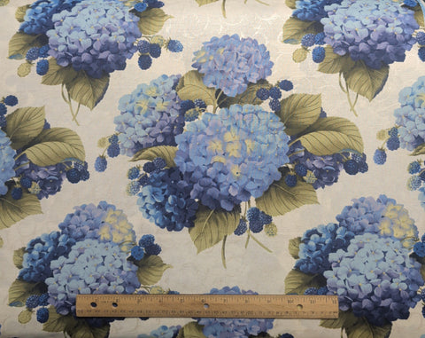 Hydrangea's Raspberries LH03007 Holly Holderman Lakehouse Dry Goods - White Pearlescent Brocade Print Fabric / Giant Blue Print