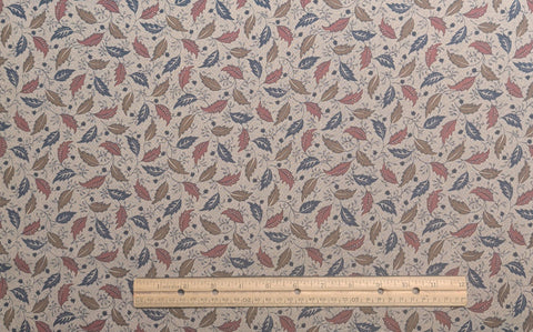 Marcus Bros Textiles - Oatmeal Colored Fabric / Navy, Antique Gold Leaf and Vine Print