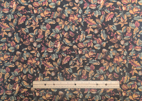 Ambrosia Hoffman California International Fabrics - Black Fabric / Brown, Green, Maroon, Gold Packed Leaf and Fruit Print