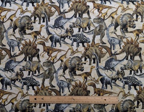 Prehistoric World 24744 - Linda Ludovico - Stonehenge / Northcott Fabrics - Cream Tonal Fabric / Gray, Brown, Gold Packed Dinosaur Print