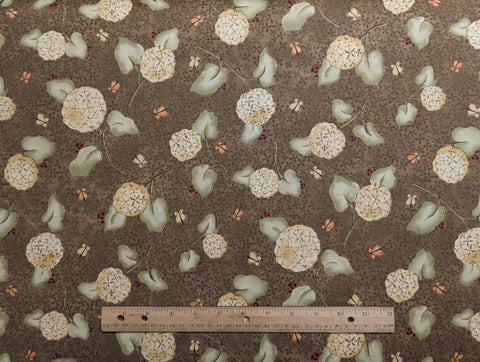 Who Comes to Zinnias Garden 23321 - Jacqueline Paton - Red Rooster Fabrics - Brown Tonal Fabric / Green, Cream, Orange, Red
