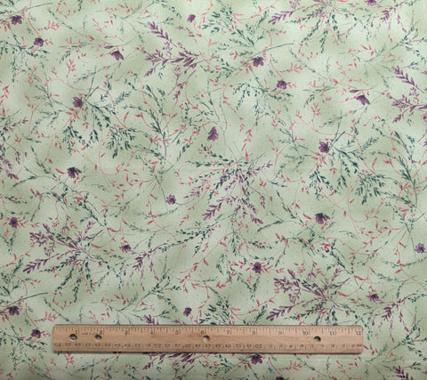 816 Enchantment - Maywood Studio / EESCO - Mint Green Tonal Fabric / Purple, Dark Green Tossed Flower, Vine Print