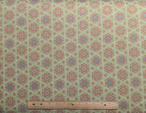 Taj Mahal E663 - Hoffman California International Fabrics - Apple Green Fabric / Orange, Pink, Blue Flower Print / Gold Metallic Accents