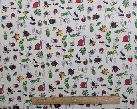 Garden Critter 7350 - Blank Quilting 2015 - White Fabric / Brightly-Colored Cartoon-Style Bug Print