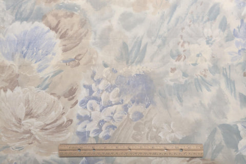 White, Tan, Brown, Blue Abstract Flower Print Fabric - Selvage to Selvage Print