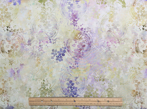 Garden of Dreams Jason Yenter for In the Beginning Fabrics 2018 - Green, Gold, Purple Flower, Vine, Circle Print