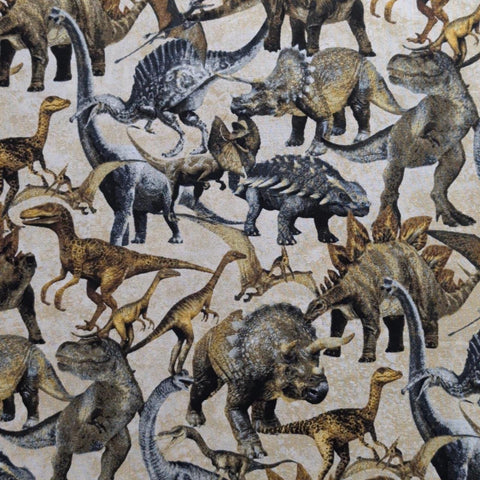 Prehistoric World 24744 - Linda Ludovico - Stonehenge / Northcott Fabrics - Cream Tonal Fabric / Gray, Brown, Gold Packed Dinosaur Print