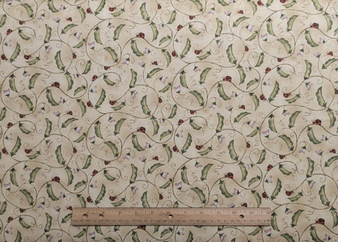 Who Comes to Zinnias Garden 23324 - Jacqueline Paton - Red Rooster Fabrics - Cream Tonal Fabric / Green, Red, Lavender Pea Pods, Lady Bug