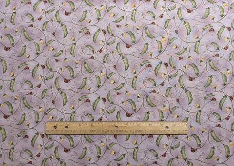 Who Comes to Zinnias Garden 23324 - Jacqueline Paton - Red Rooster Fabrics - Pale Lavender Fabric / Green, Red, Yellow Pea Pods, Lady Bug