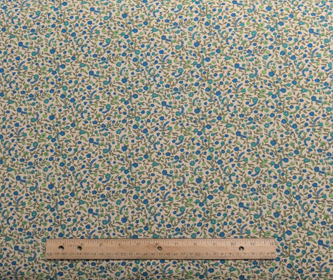 Tan Fabric / Blue, Green, Tan Packed Flower Print - Selvage to Selvage Print