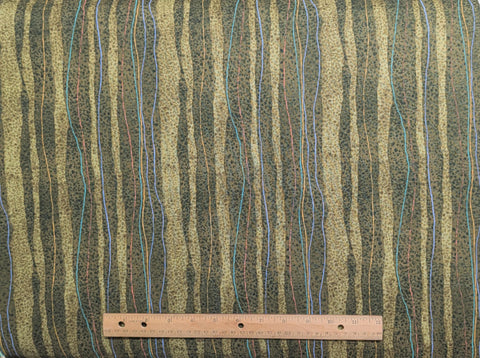 Artifacts 916 - John Flynn - Benartex - Olive Tonal Stripe Fabric / Gold, Blue, Pink Accents