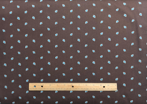 Dark Brown Fabric / Turquoise Tossed Leaf Print - Selvage to Selvage Print