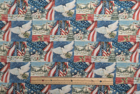 CP69198 Patriotic Church Scene Susan Winget - Red, White, Blue Patriotic Block Print Fabric