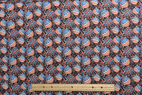 CP69199 Patriotic Ornaments Susan Winget - Black Fabric / Red, White, Blue Ornament and Ribbon Print