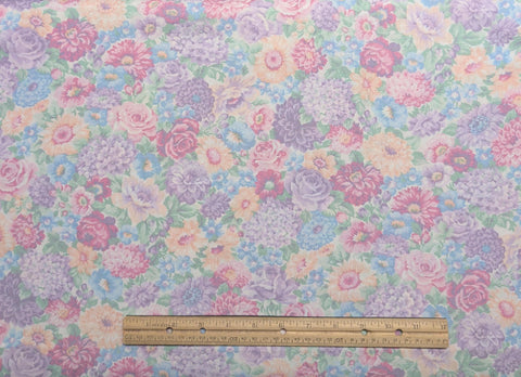 Pink, Blue, Green, Yellow Packed Flower Print Fabric - Selvage to Selvage Print