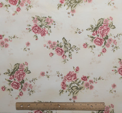 Timeless Treasures Fabrics FLEUR-C7947 - Cream fabric / Pink, Green Tossed Rose Print