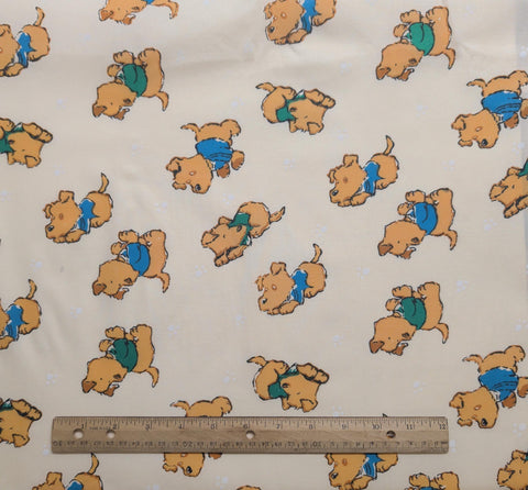 Pale Coral Fabric / Tan, Green, Blue Tossed Cartoon-Style Dog Print - Selvage to Selvage Print