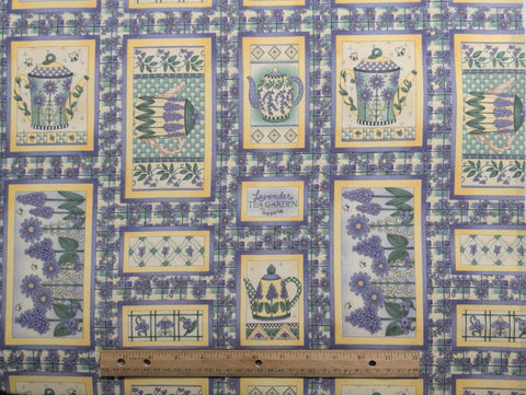Debbie Mumm SSI - Lavender, Yellow, Cream Flower and Teapot Block Print Fabric