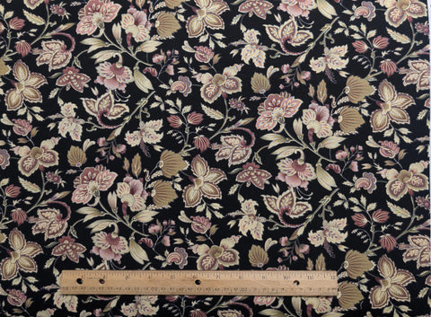 Peter Pan Fabrics 1043 - Black Fabric / Gold, Cream, Mauve, Lavender, Sage Green Packed Paisley Flower Print