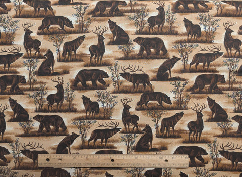 VIP Cranston Print Works - Brown Animal Print Fabric / Bear, Moose, Elk, Wolf, Coyote