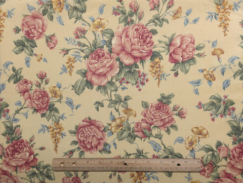 VIP Cranston Print Works - Pale Gold Fabric / Red, Blue, Green, Gold Tossed Floral Print