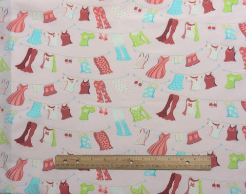 Light Pink Fabric / Red, Acid Green, Blue Retro Clothesline Print