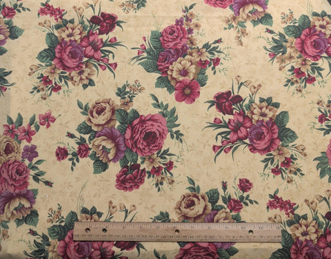 Gold Fabric / Gold, Red, Tan, Green Tossed Floral Bouquet Print - Selvage to Selvage Print
