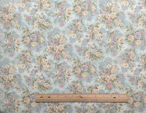 Classic Cottons 2000 - Pale Blue Tonal Fabric / Cream, Rose, Blue Packed Floral Bouquet Print