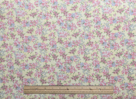 Tea Rose 1466 by Crabtree Hill Studio for Henry Glass & Co - Pale Yellow Fabric / Pink, Lavender, Green Packed Cartoon-Style Flower Print