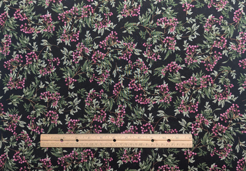 Laurel KM-C1974 Karen Montgomery Timeless Treasures Fabrics 2007 - Black Fabric / Mauve, Green Packed Laurel Berry and Leaf Print