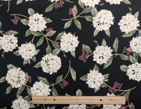 Laurel KM-C-1971 Karen Montgomery Timeless Treasures Fabrics 2007 - Black Fabric / White, Green, Mauve Flower, Berry and Branch Print