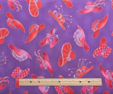 Marcus Brothers Textiles - Purple Tonal Fabric / Red, Pink Tossed Red Hat Society Print / Gold Metallic Accents
