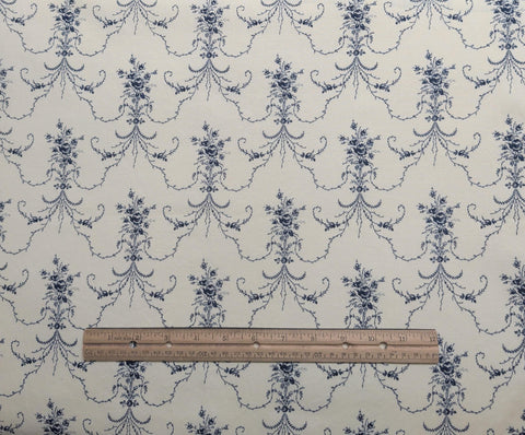 Soft White Fabric / Indigo Floral Bouquet Print - Selvage to Selvage Print