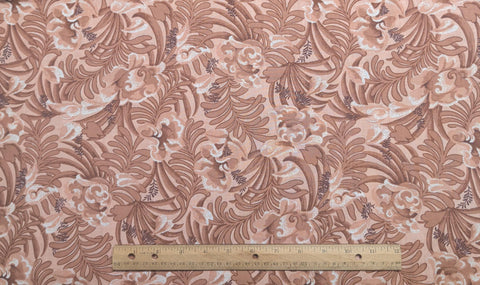 Pale Coral, Tan, Brown Flower and Leaf Print Fabric - Selvage to Selvage Print