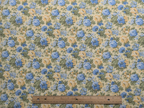 Pale Yellow Fabric / Yellow, Blue, White Packed Floral Print - Selvage to Selvage Print