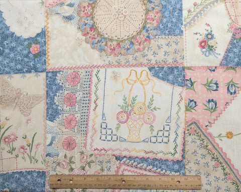 Daisy Kingdom 1849 Lines & Lace Springs - White, Pink, Blue Vintage Embroidery and Doll Patchwork Print Fabric