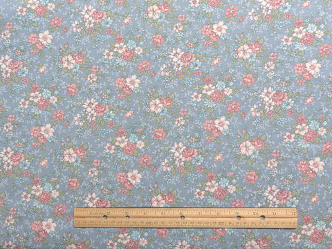 Joan Kessler Concord Fabric - Light Denim Blue Colored Fabric / Pink, Rose, Pale Blue Packed Floral Print