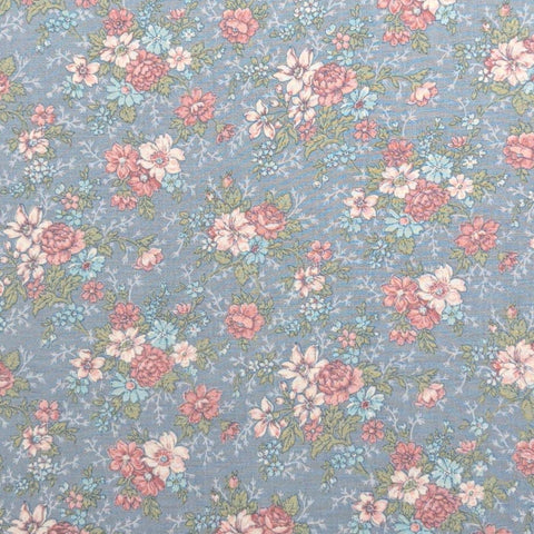 Joan Kessler Concord Fabric - Light Denim Blue Colored Fabric / Pink, Rose, Pale Blue Packed Floral Print