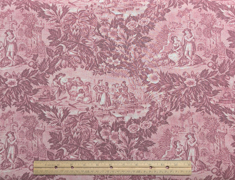 Burgundy, White Toile French Pastoral Scene Fabric - Selvage to Selvage Print
