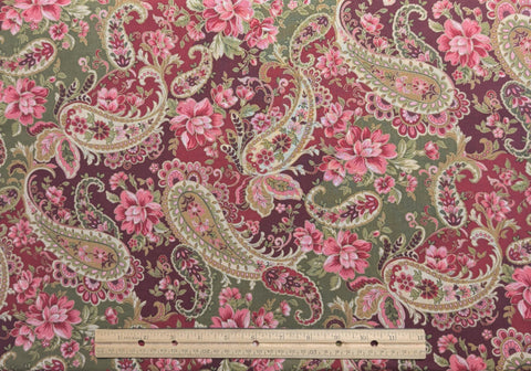 Fabric Traditions 2008 - Olive, Burgundy, Pin k Paisley and Floral Print Fabric / Gold Metallic Accents