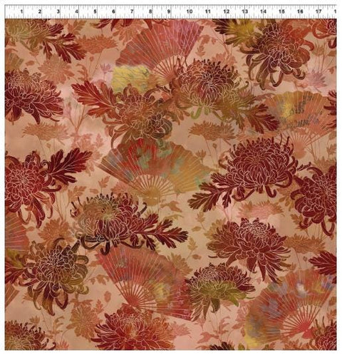 Oriental Gardens 2OG-1 Fans and Mums - Red by Jason Yenter for In the Beginning Fabrics