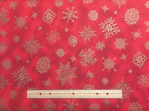 A Winter's Frost The Alexander Henry Fabrics Collection 1998 - Red Tonal Fabric / Antique Gold Metallic Snowflake Print